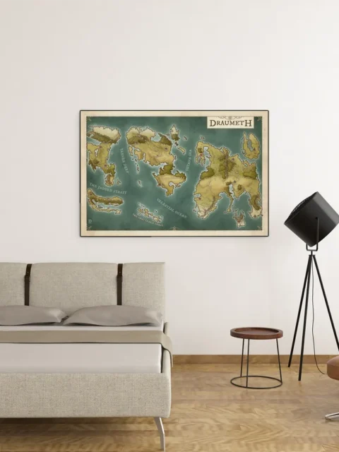 Expansive cartographic view of Draumeth highlighting distant realms