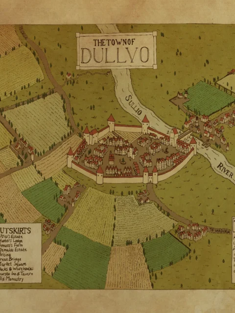 Detailed town layout of Dullvo with gates, fields, and nearby villages