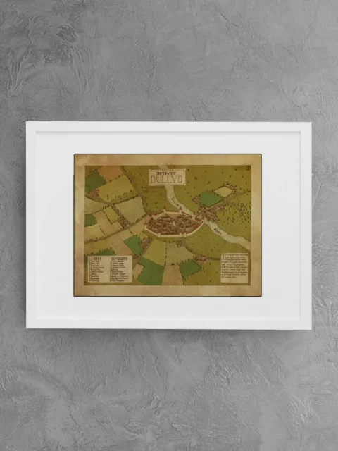 Riverside fortified town map of Dullvo illustrated in fantasy cartography