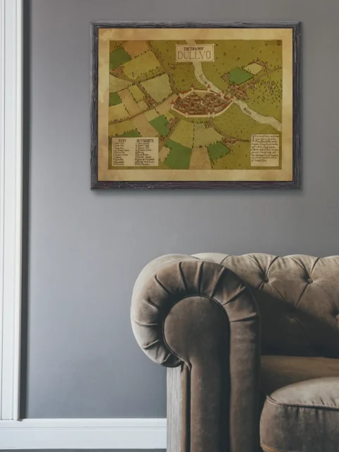 Top-down view of Dullvo showing city walls, roads, and a river