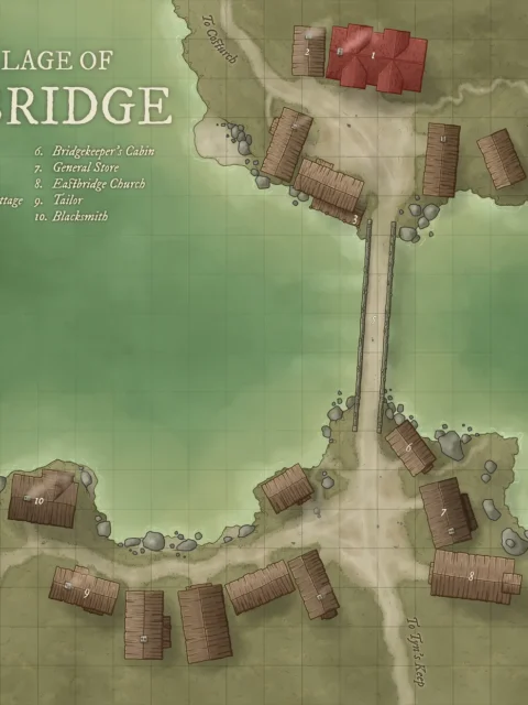 Top-down view of Eastbridge showing a bridge, docks, and clustered buildings