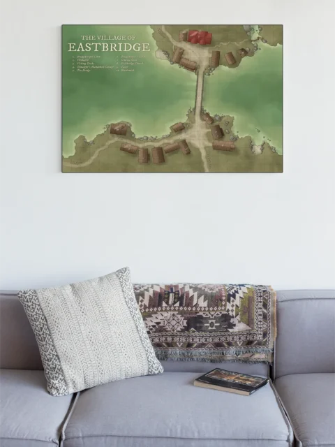 Fantasy village map of Eastbridge centered on a river crossing