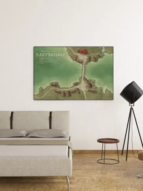 Detailed layout of Eastbridge village with paths and riverside structures