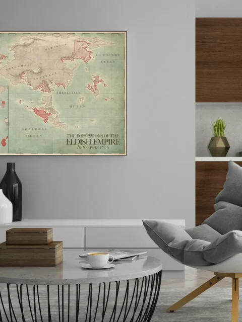 Continental fantasy map of Elda with oceans, islands, and imperial regions