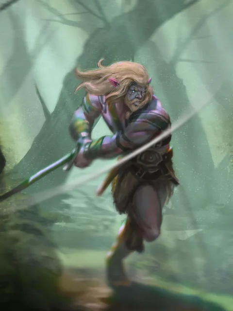 Elf warrior sprinting through misty forest with drawn sword