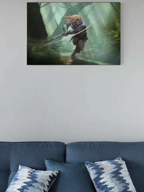 Fast-moving elven fighter in green fog and shadowed trees