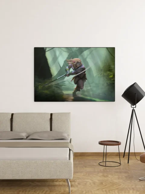 Fantasy character charging through woodland haze with blade raised