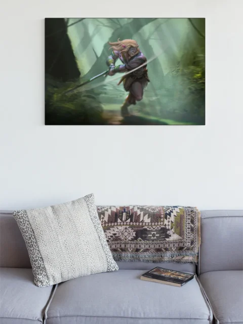 Dynamic elf swordsman mid-strike in an ancient forest