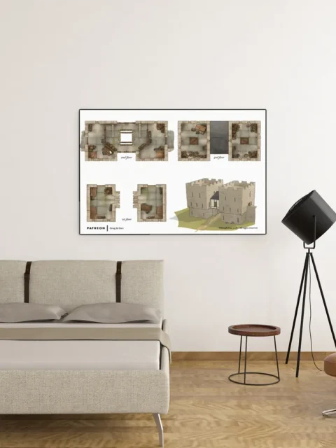 Top-down view of fortified gate first floor with storage and stairs