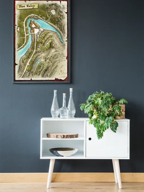 Illustrated fortified town beside a winding river