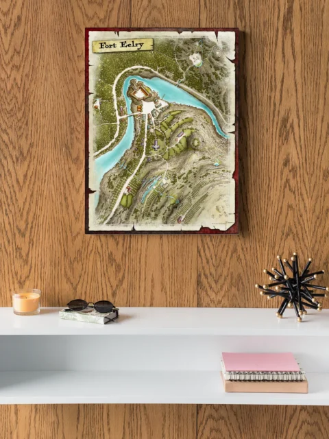 Top-down river settlement with roads and terraced land