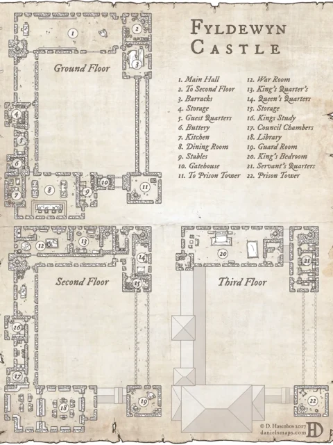 Fyldewyn Castle battle map showing full multi-level castle layout