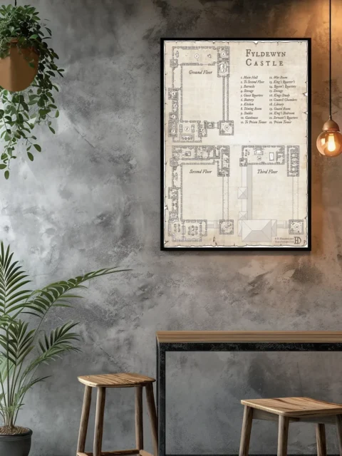 Third floor layout of Fyldewyn Castle with royal quarters and towers