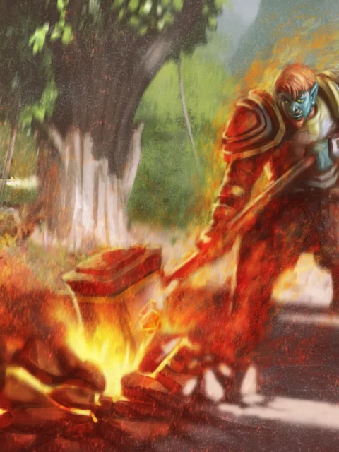 Orc paladin slamming a blazing hammer into stone