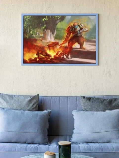 Fire-lit warrior delivering a crushing holy strike