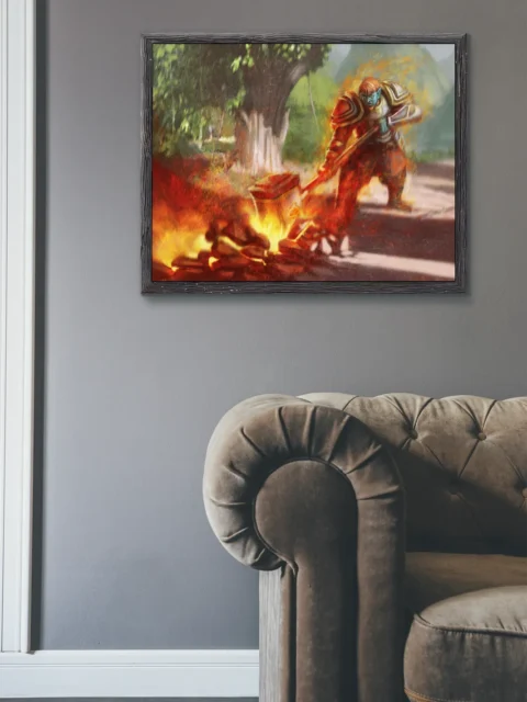 Heavily armored orc amid flames and shattered ground