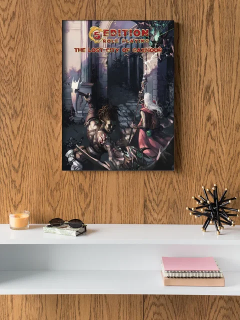 Fantasy RPG cover showing ruined city and magic