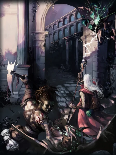 Fantasy illustration of adventurers fighting in ruined city