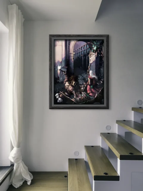 High fantasy illustration showing combat in ancient ruins