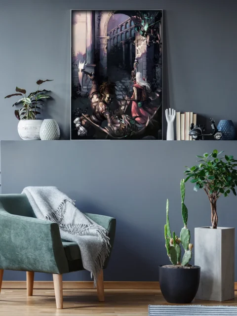 Tabletop fantasy scene with warriors and magic