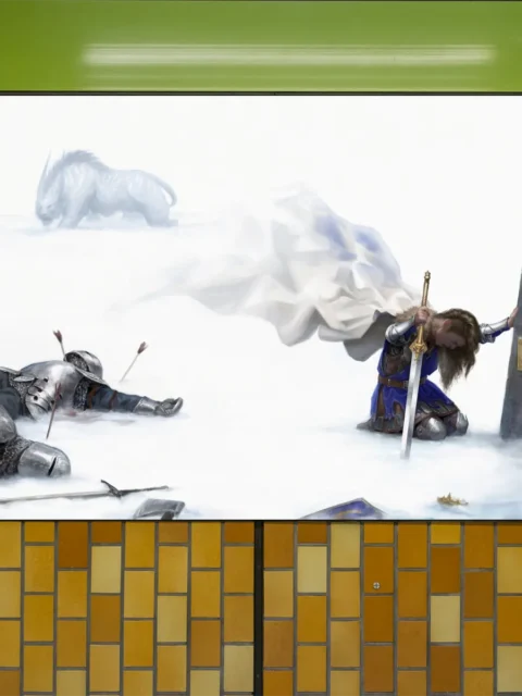 Fallen armor and arrows scattered across icy ground