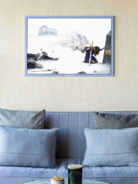 Graveyard Heroes fantasy scene of memorial stone and sword