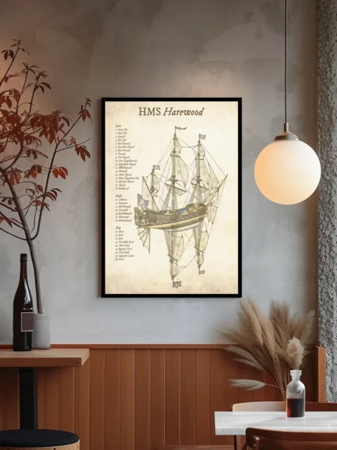 Top-down illustrated ship showing masts, rigging, and decks