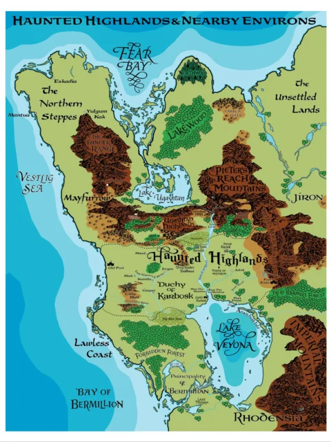Fantasy map of the Haunted Highlands with labeled regions