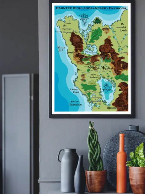 Cartographic fantasy map showing Fear Bay and Lake Veyona