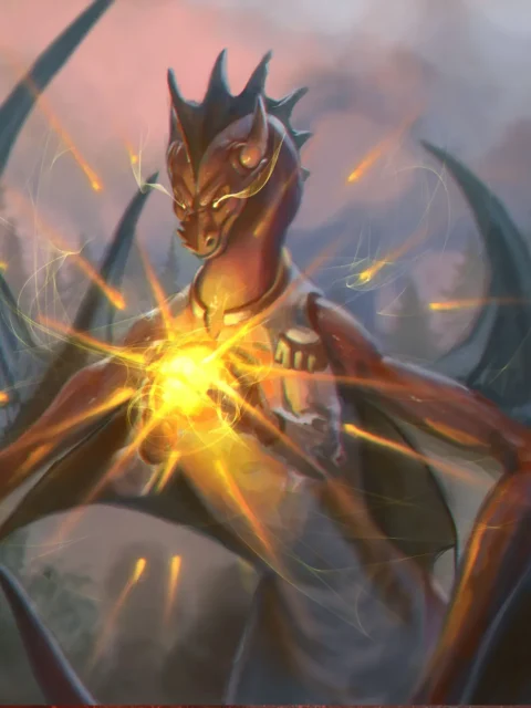 Radiant dragon hovering amid swirling golden light