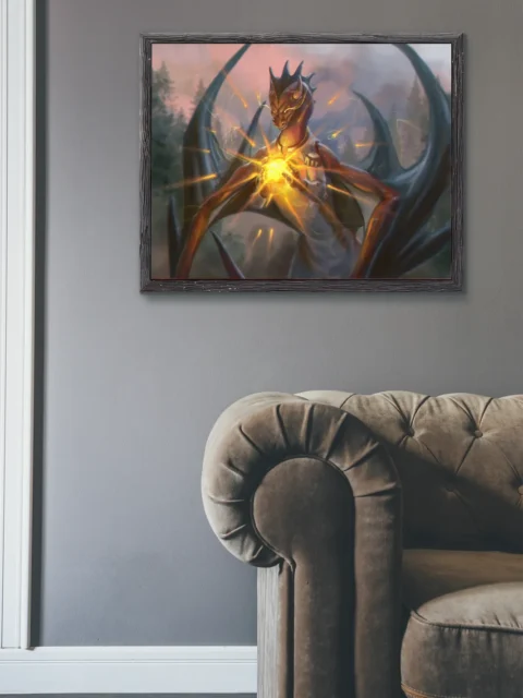 Dark wings framing a luminous magical core