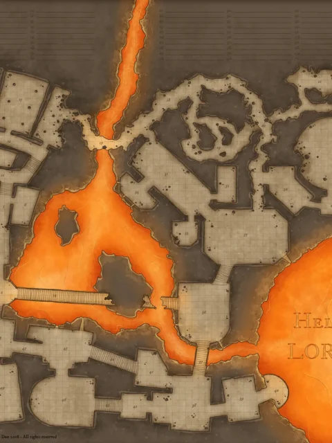 Volcanic dungeon battle map with flowing lava channels