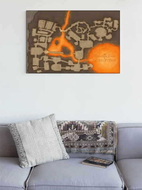 Top-down view of a fiery underground lair with stone chambers