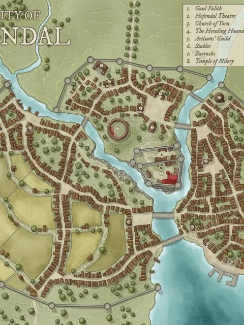 Fantasy city map of Hofendal divided by rivers and bridges
