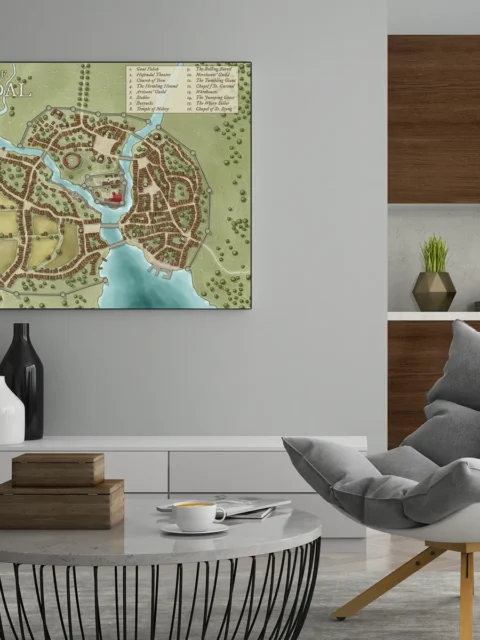 Urban fantasy map showing city walls, streets, and waterways