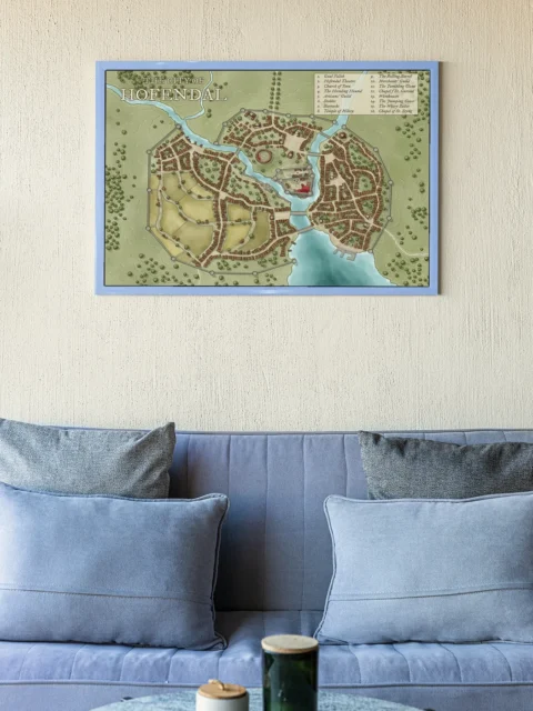 Top-down view of a walled river city with dense districts