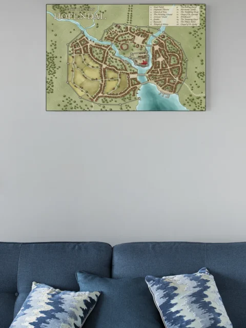 Illustrated city map suitable for fantasy worldbuilding