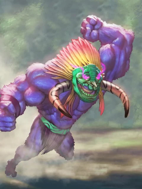 Hulking Uwakuun dragon charging through forest mist