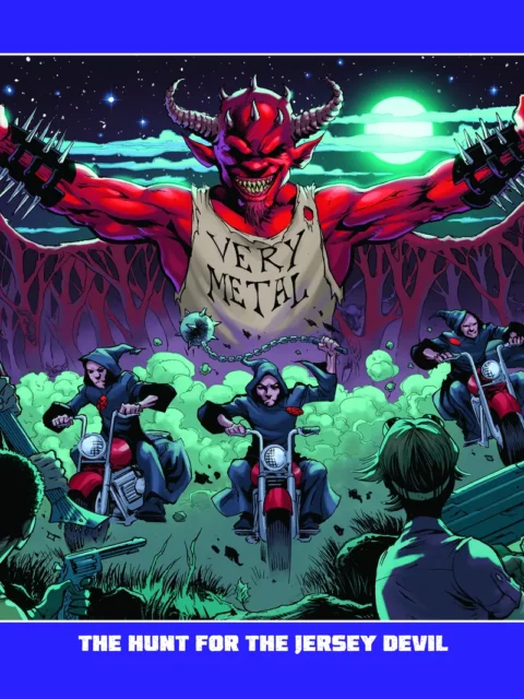 Jersey Devil towering over armed riders at night