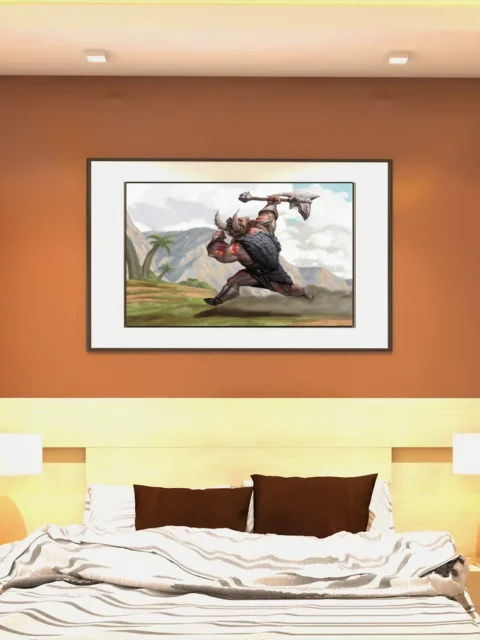 Muscular figure framed against distant mountains