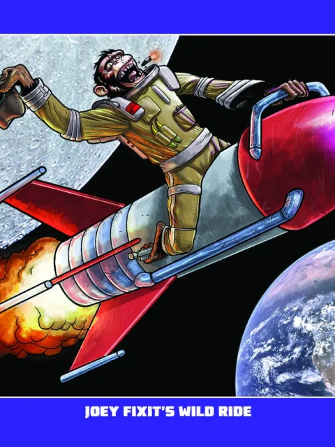 Monkey riding a rocket through space in sci-fi artwork