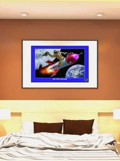 Comedic sci-fi scene with rocket and astronaut