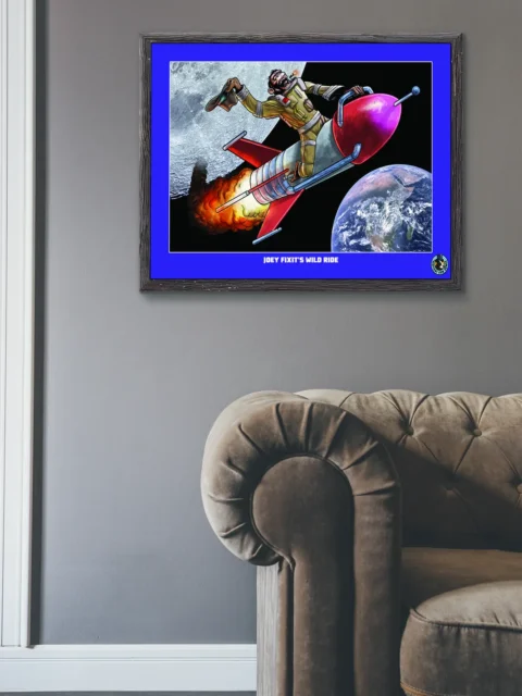 Humorous space escape illustration with flames