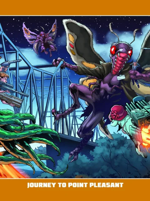 Mothman attacking survivors near a steel bridge