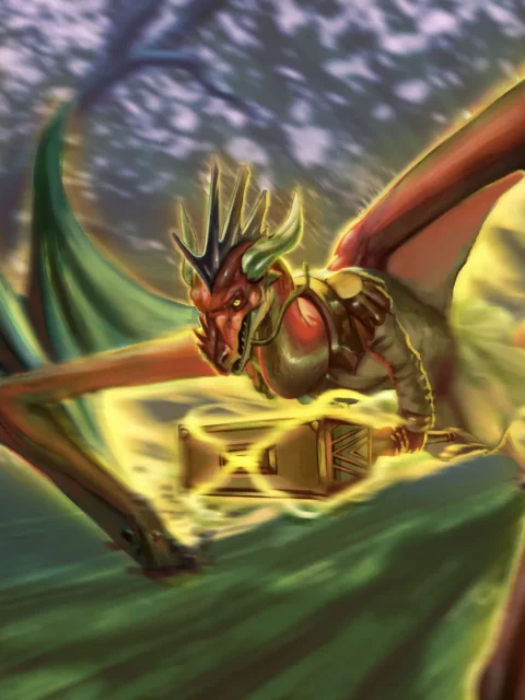 Armored dragon body cutting through blurred greenery