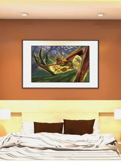 Dragon flying low through forest canopy with spread wings