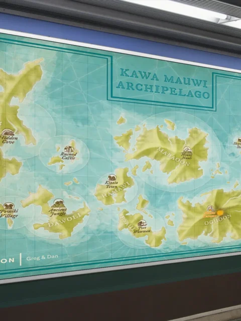 Illustrated archipelago layout with ports and exploration sites