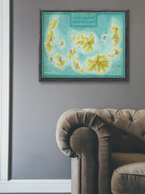 Island chain map with ruins, volcanoes, and jungle landmarks