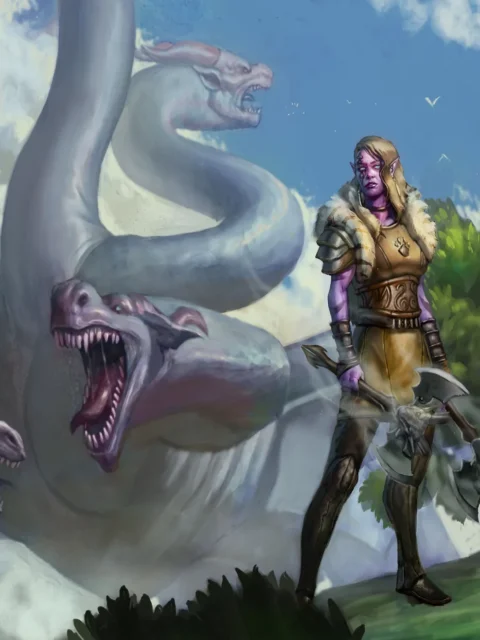 Maetra And Gauzmai serpent stand canvas artwork facing the creature