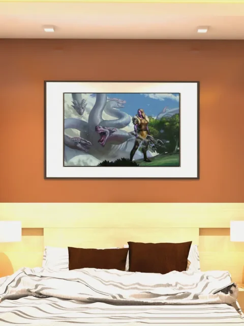 Armored warrior standing calm before a towering serpent